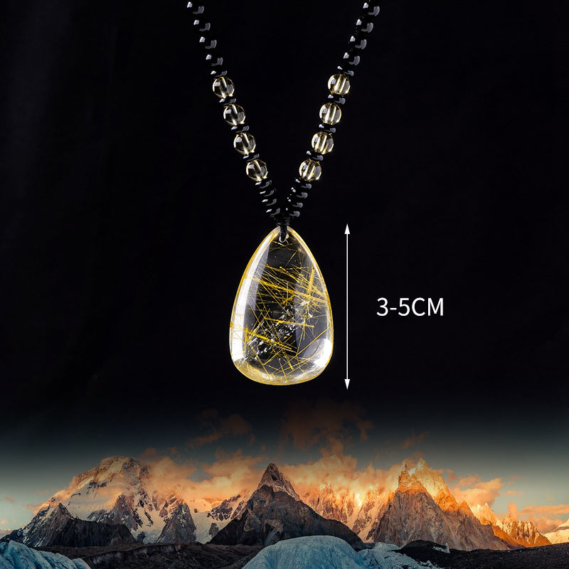 Natural Golden Rutilated Quartz & Obsidian Bead Pendant Necklace | Wealth Bowl Talisman